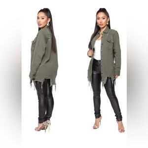 American Bazi Green Distressed Jean Jacket